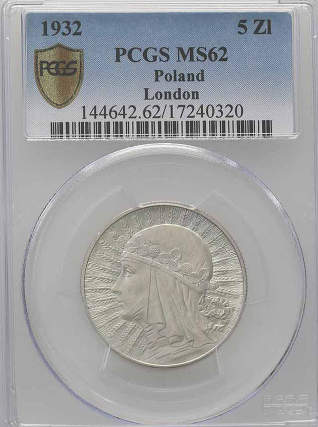 II RP. 10 złotych 1932 Londyn głowa kobiety PCGS MS62